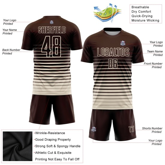 Maglia da calcio personalizzata con stampa sublimatica a righe marroni e crema sfumate